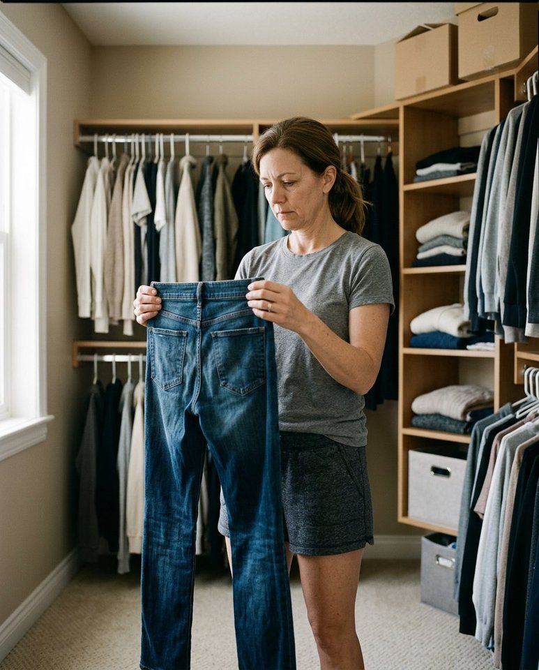 A woman over 40, flat in the morning and bloated by evening